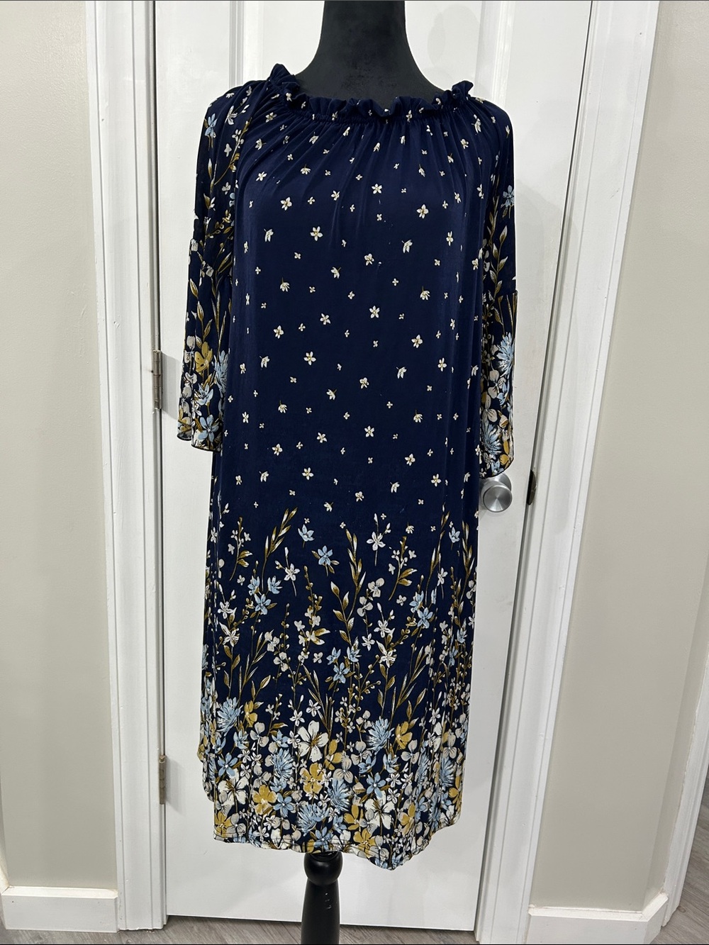Navy Floral Off-Shoulder Midi Dress with Delicate Border Print